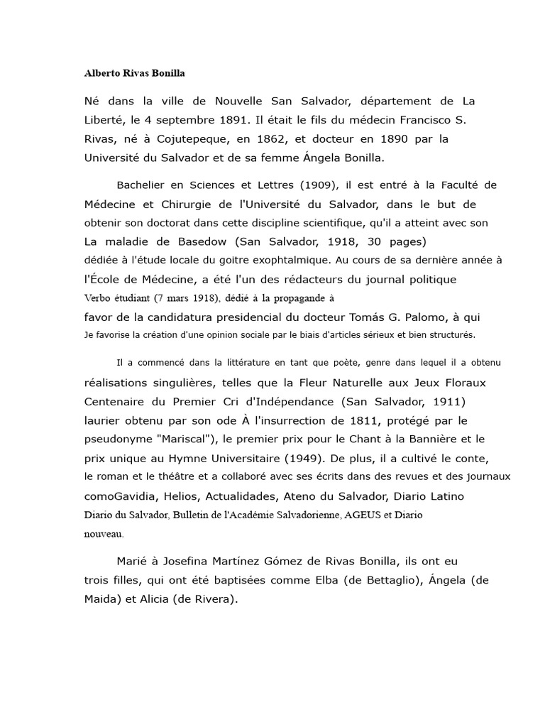 Alberto Rivas Bonilla : Médecin et Écrivain | PDF