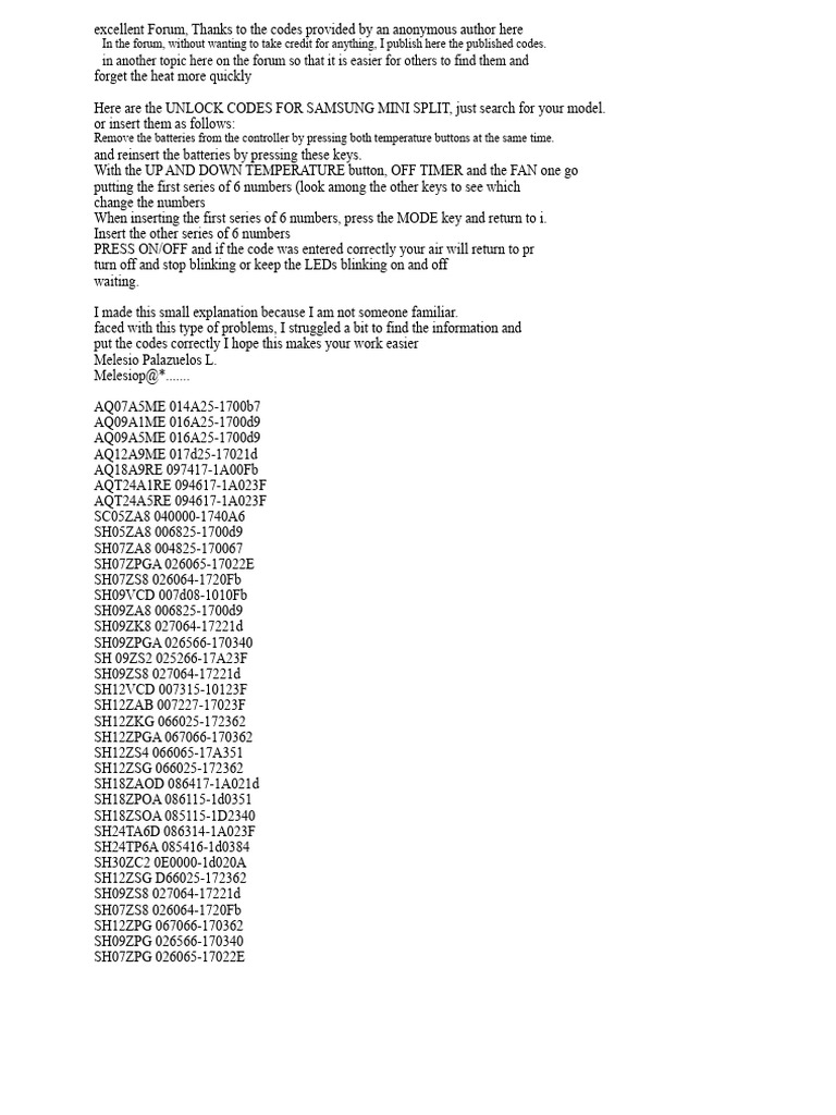 Samsung Mini Split Unlock Codes | PDF