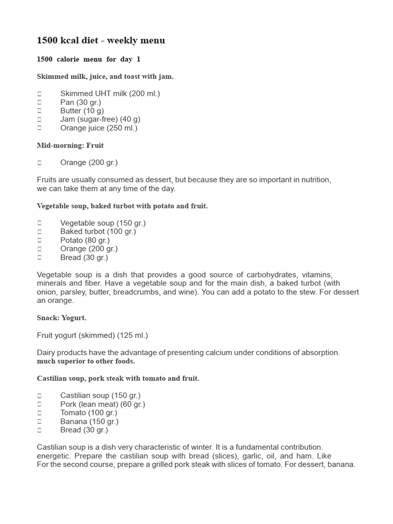 1500 Calorie Weekly Meal Plan | PDF | Vegetables | Foods