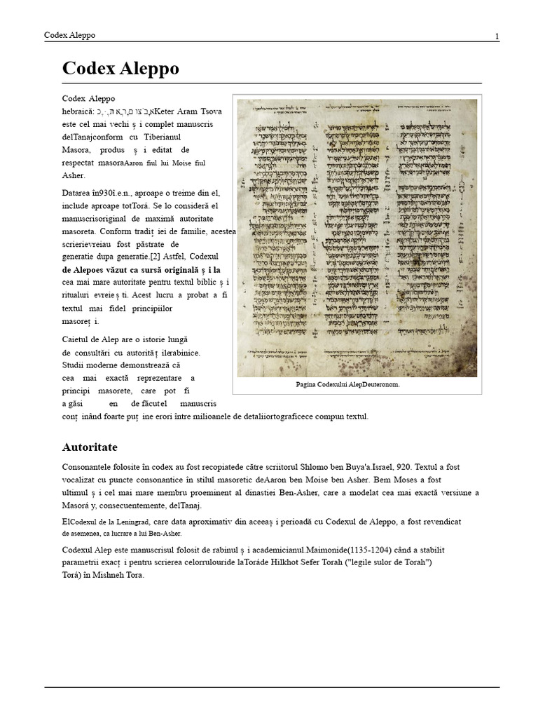 Codex Aleppo Sau Codexul de Alep Sau Keter Aram Tsova - WKPD | PDF