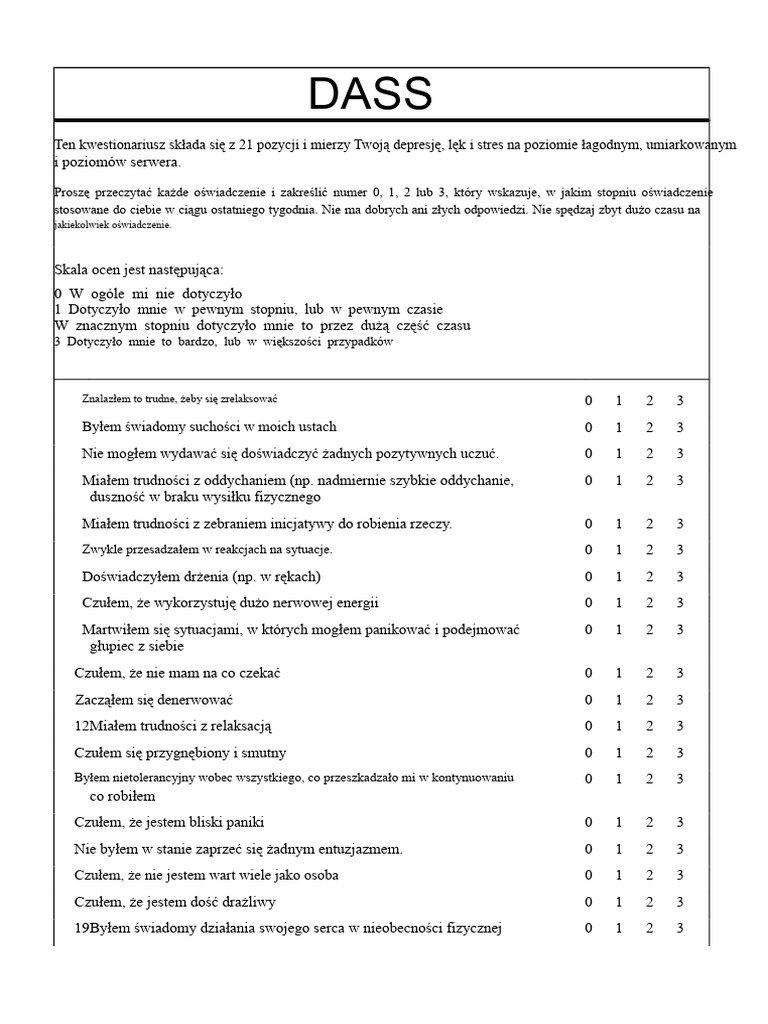 Kwestionariusz DASS 21 | PDF