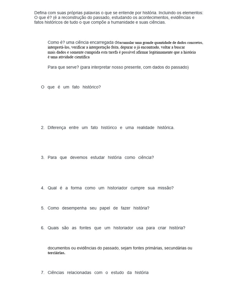 Defina Com Suas Próprias Palavras o Que Se Entende Por História. | PDF ...