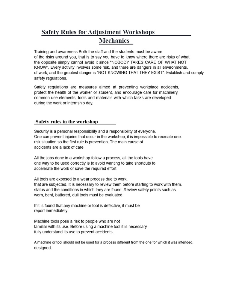 Workshop Safety Rules and Guidelines | PDF | Safety | Occupational ...