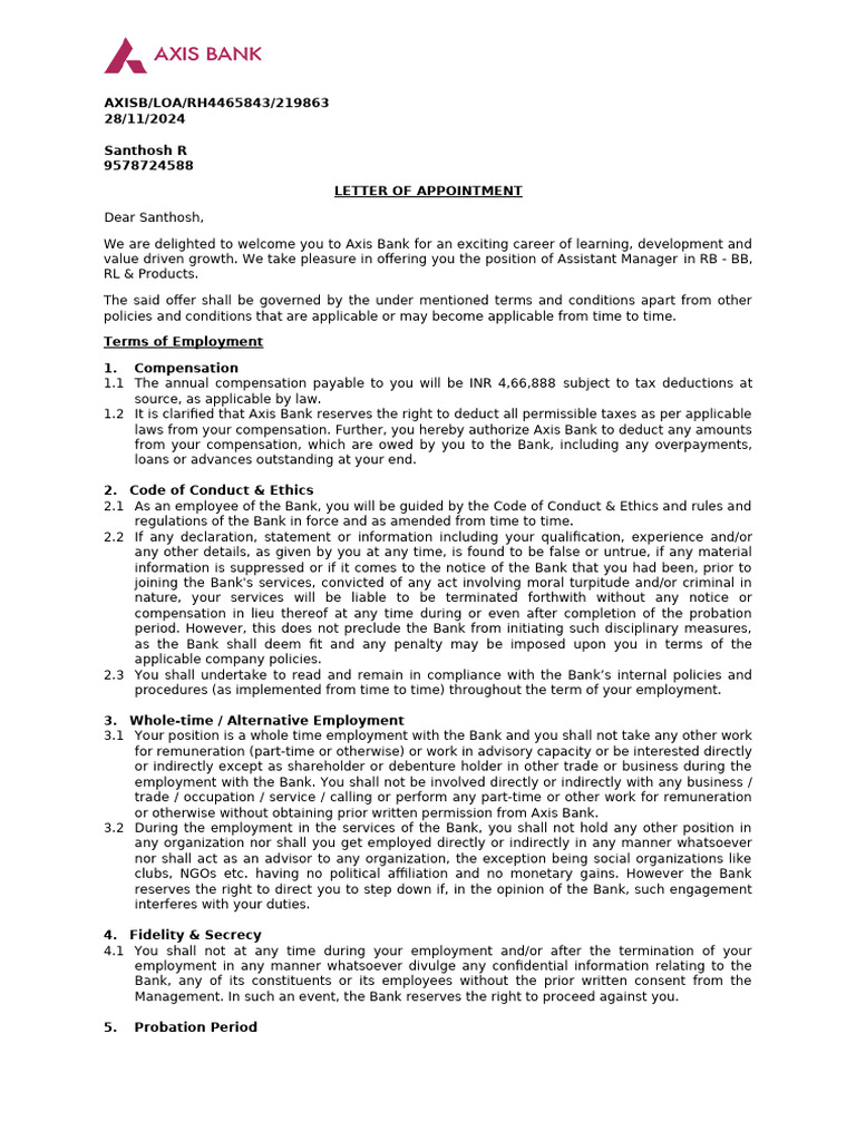 Axis Bank Assistant Manager Appointment Letter | PDF | Employment | Salary
