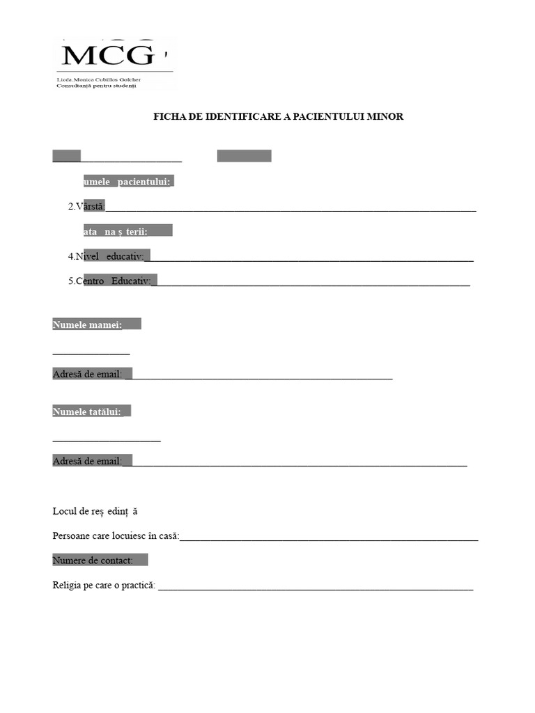 Fisa de Identificare Pacient Minor | PDF