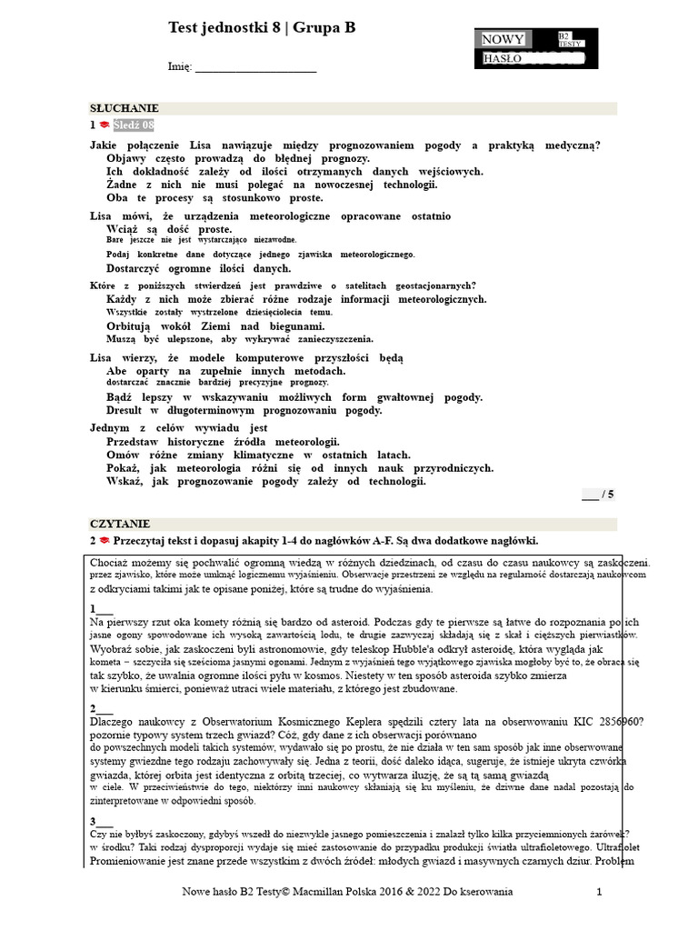 Nowe Hasło B2 UT 8B | PDF