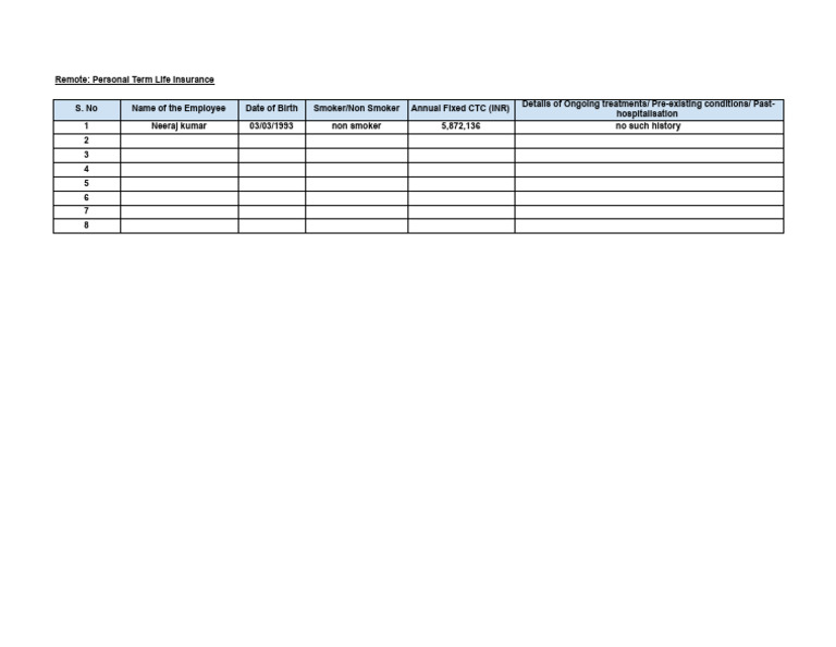 Detailed Format - Personal Term Insurance - XLSX - Sheet1 | PDF