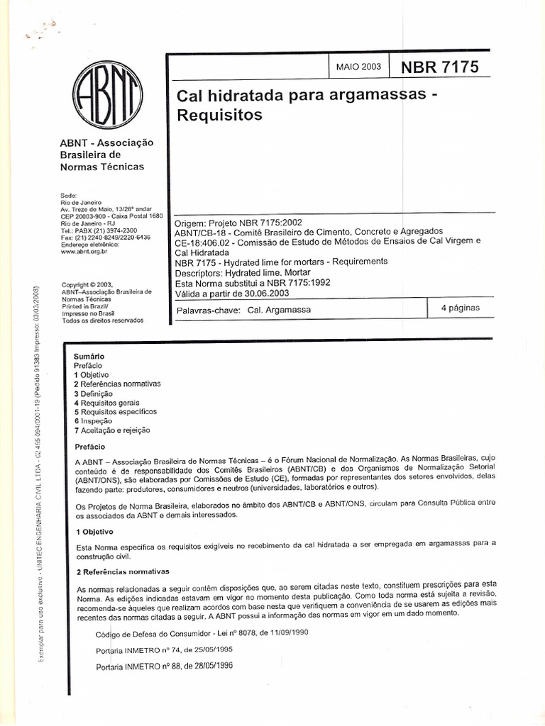 NBR 7175 - 2003 - Cal Hidratada para Argamassa - Requisitos | PDF