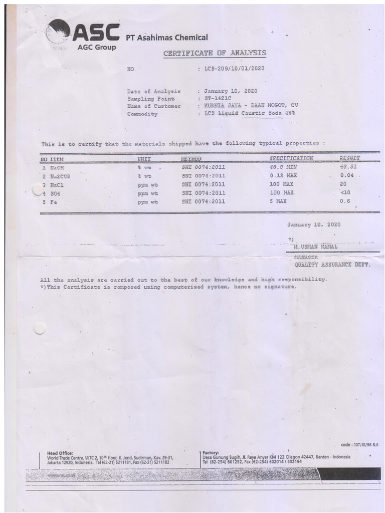 A.4.b. Líquido de Naoh (Cv. Kurnia Jaya) - Coa y Msds | PDF | Agua | Quemar