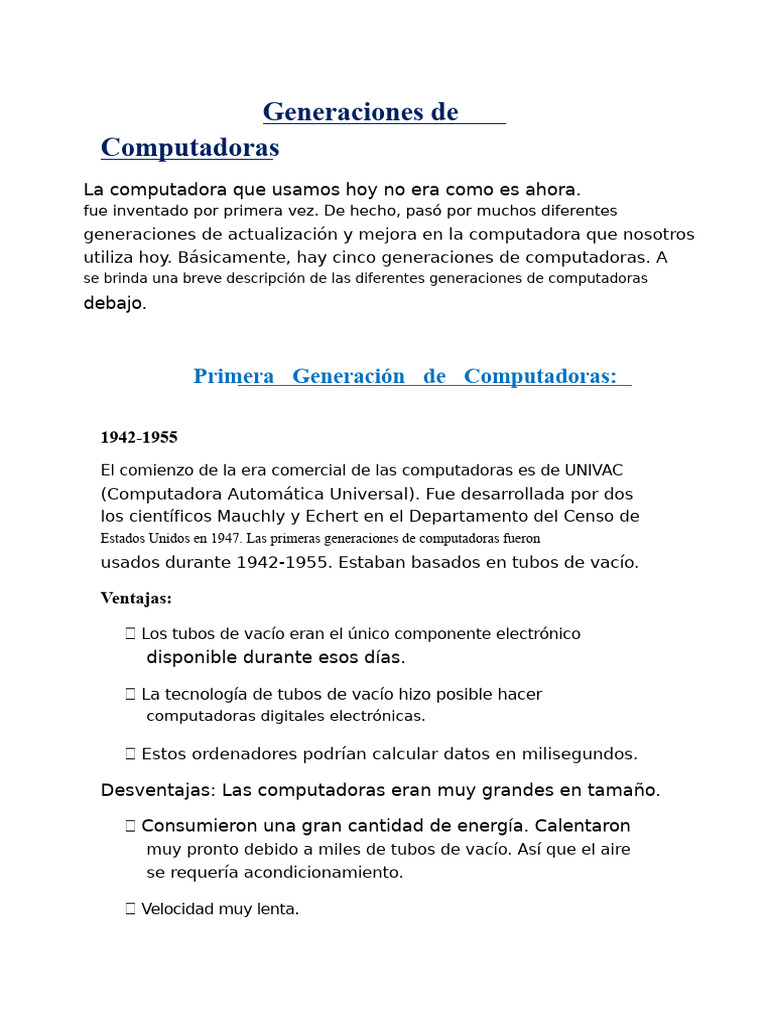 Evolución de las Generaciones de Computadoras | PDF | Circuito ...