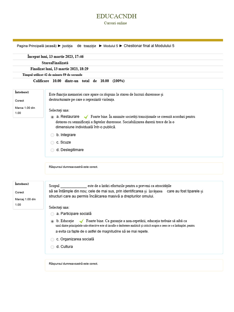 Justiția Transițională Chestionar Final Modulul 5 | PDF