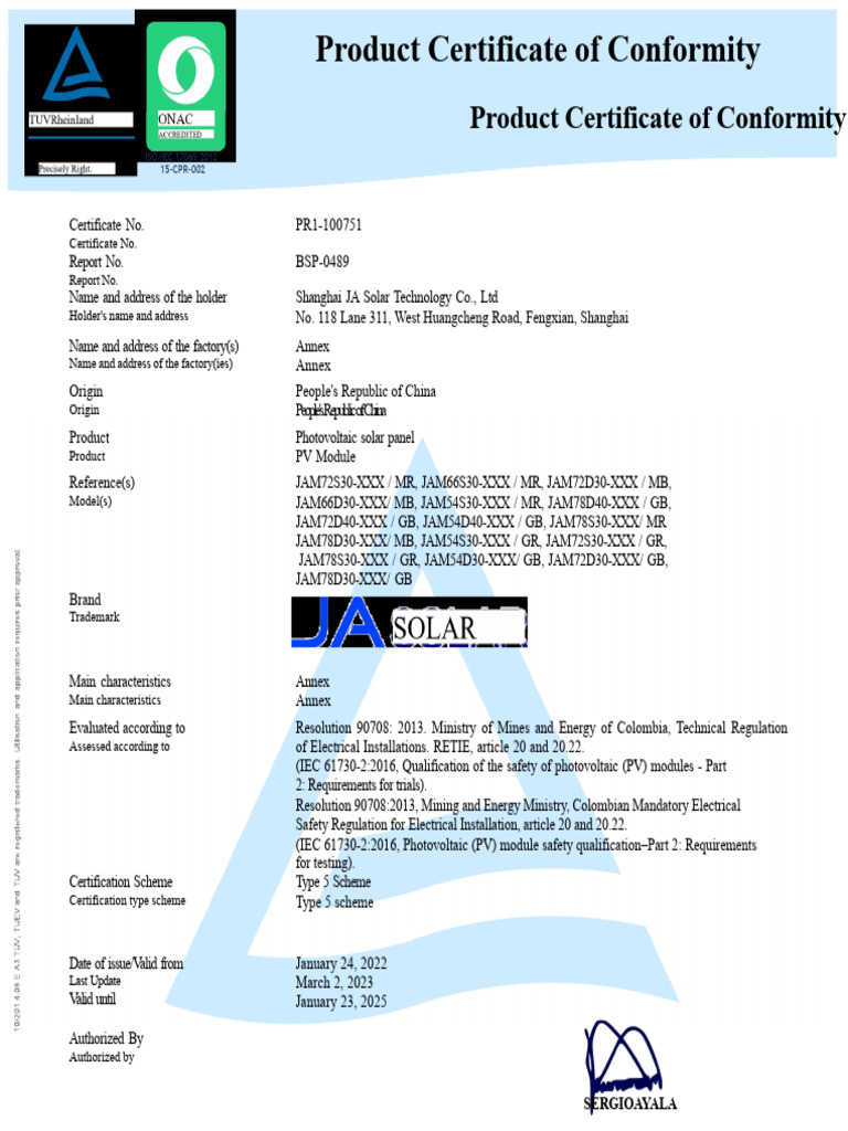 JA Solar PV Module Compliance Certificate | PDF | Photovoltaics | Solar ...