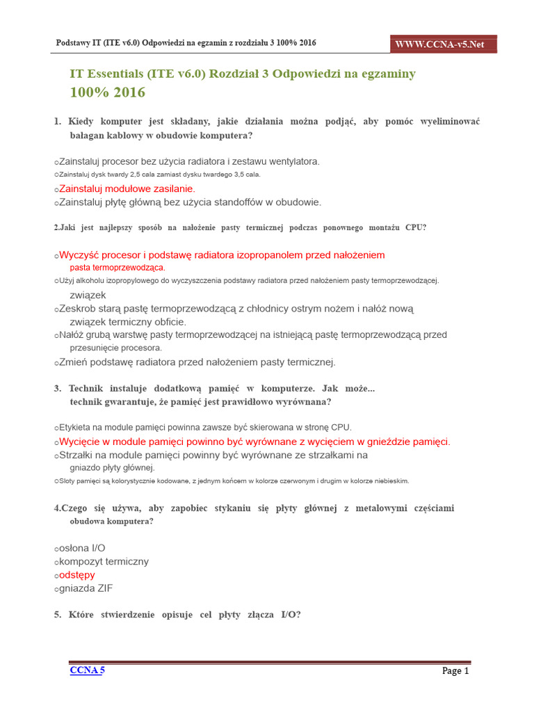 IT Essentials ITE v6.0 Rozdział 3 Odpowiedzi Do Egzaminu 100 2016 | PDF
