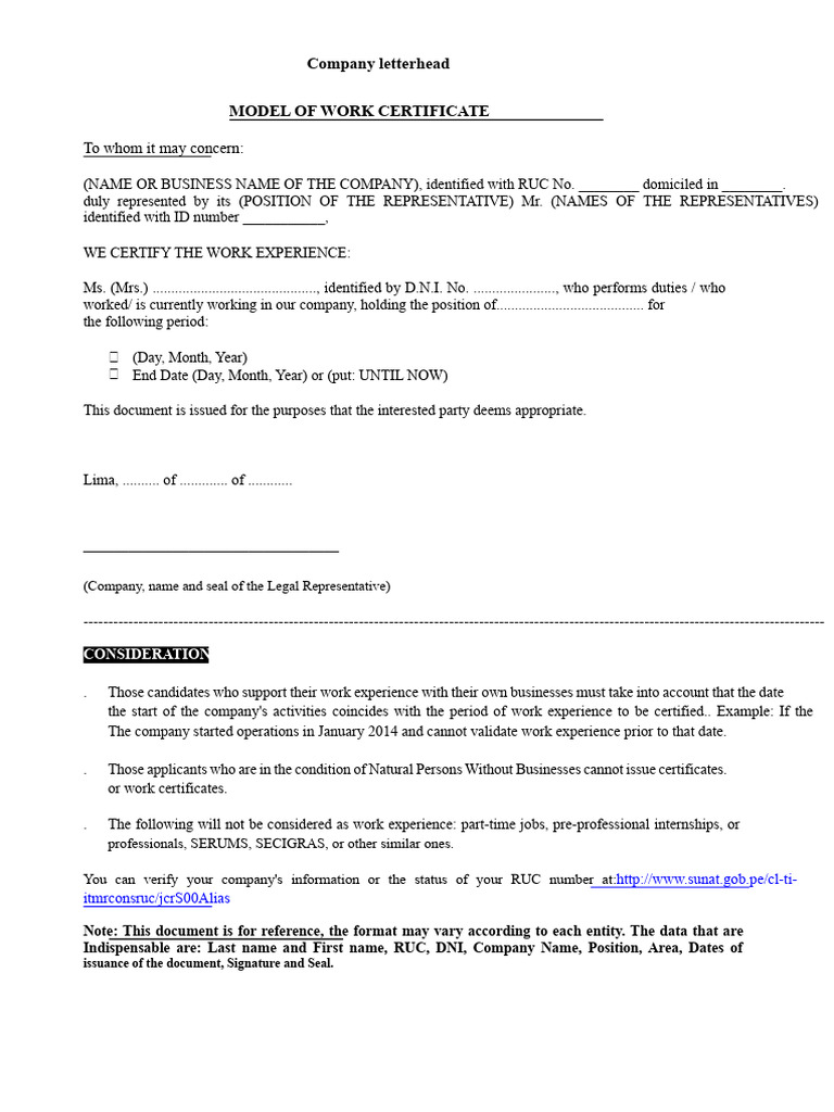 Work Certificate Template and Guidelines | PDF