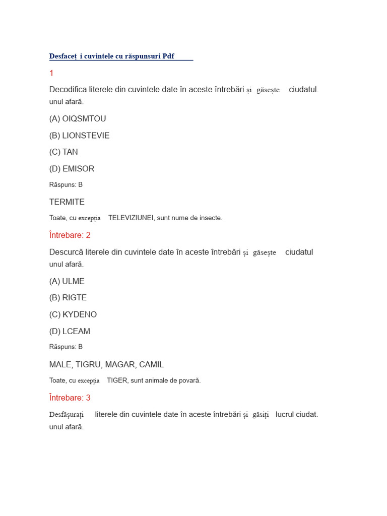 Desface Cuvinte Cu Răspunsuri | PDF