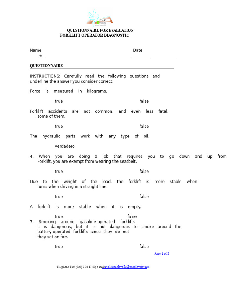 Forklift Operator Evaluation Questionnaire | PDF | Forklift | Vehicles