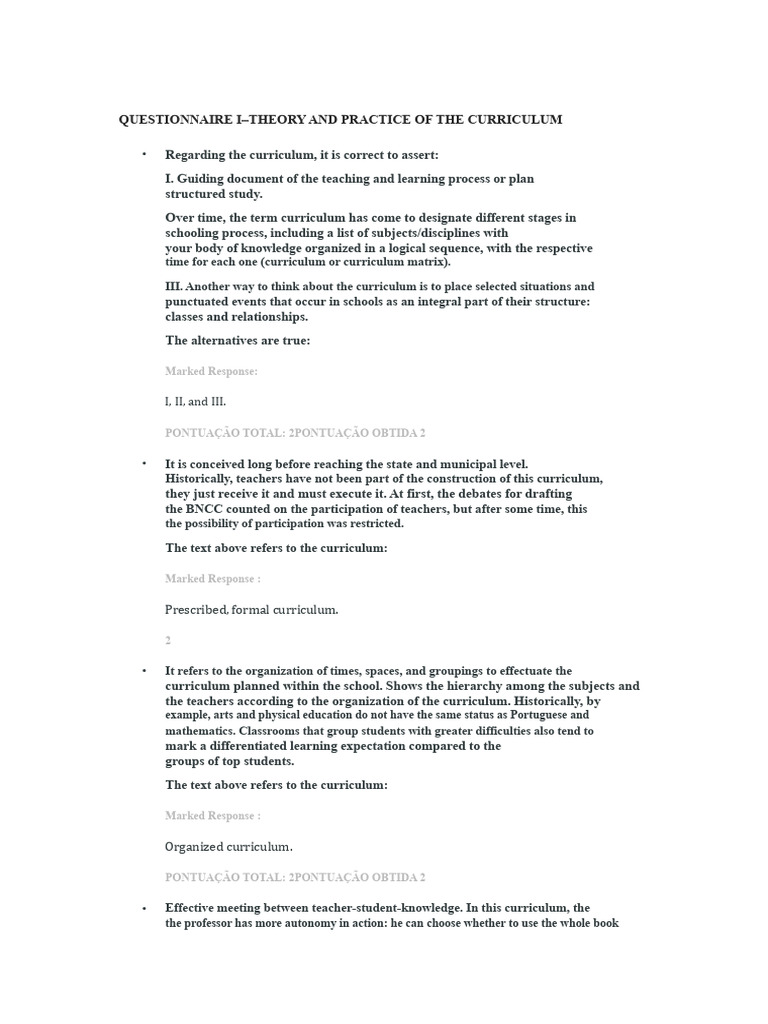 Questionnaire I - Theory and Practice of The Curriculum | PDF ...