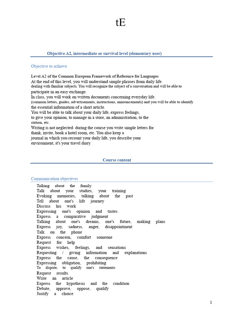 GRAMMAR CEFR - Level A2 of The Common European Framework of Reference ...