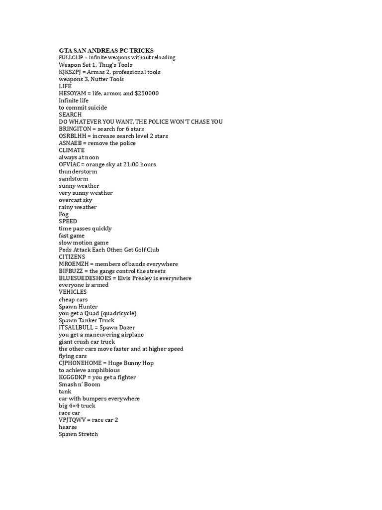 GTA San Andreas PC Cheat Codes Guide | PDF