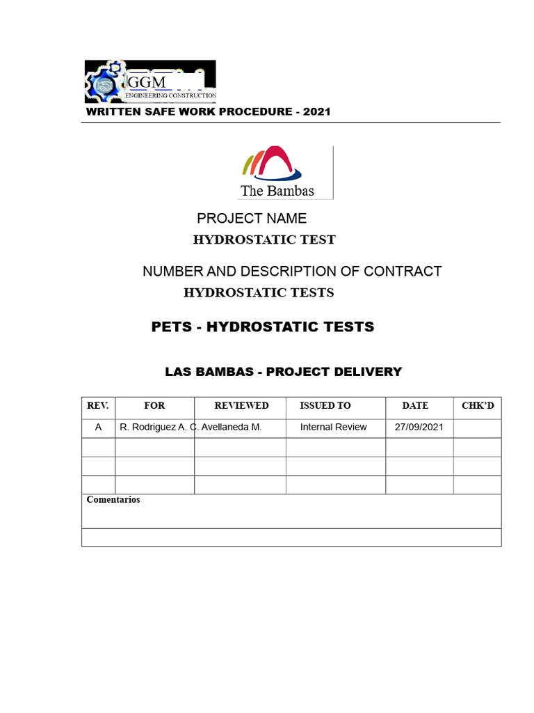 Hydrostatic Test Safety Procedure 2021 | PDF | Leak | Pipe (Fluid ...