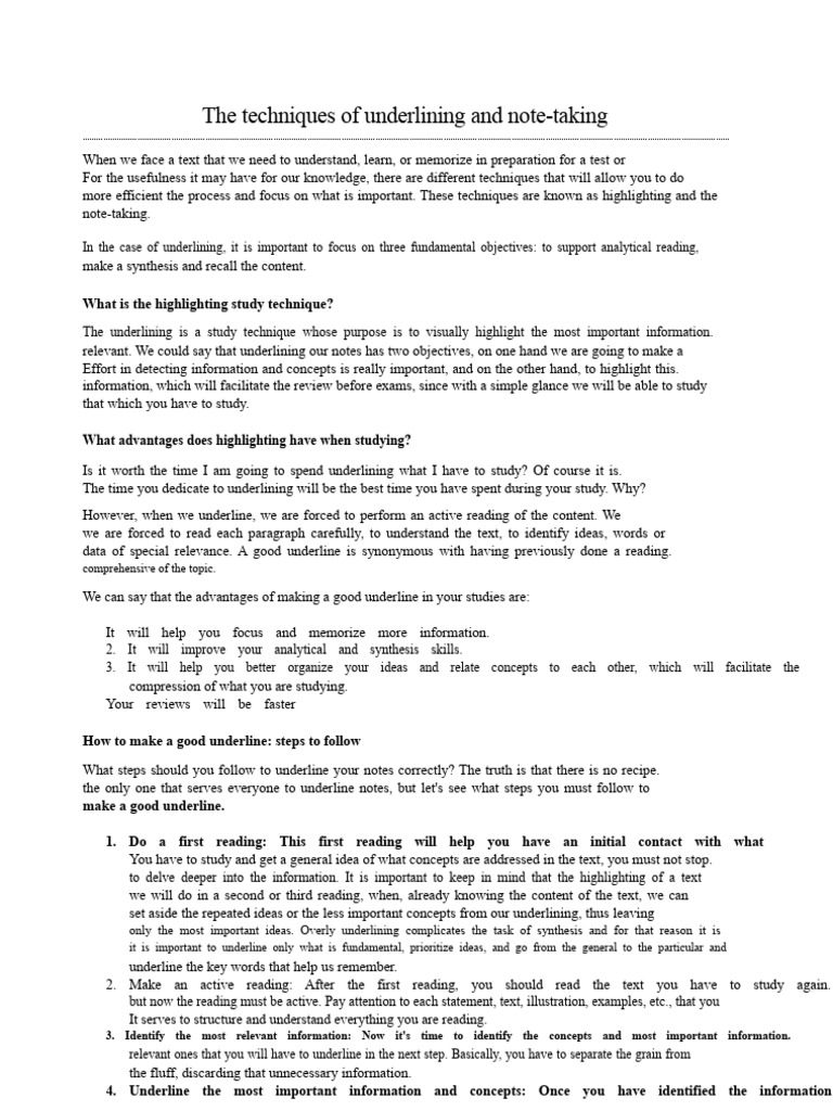 The Techniques of Underlining and Note-Taking | PDF | Information | Concept