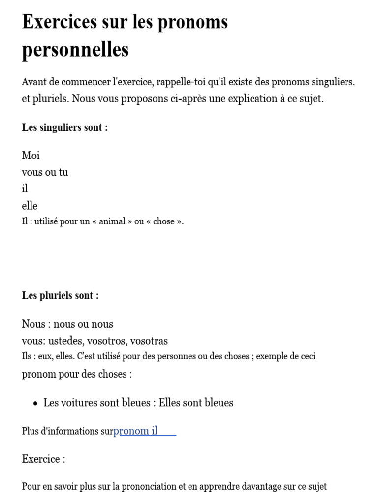Exercices sur les pronoms personnels | PDF