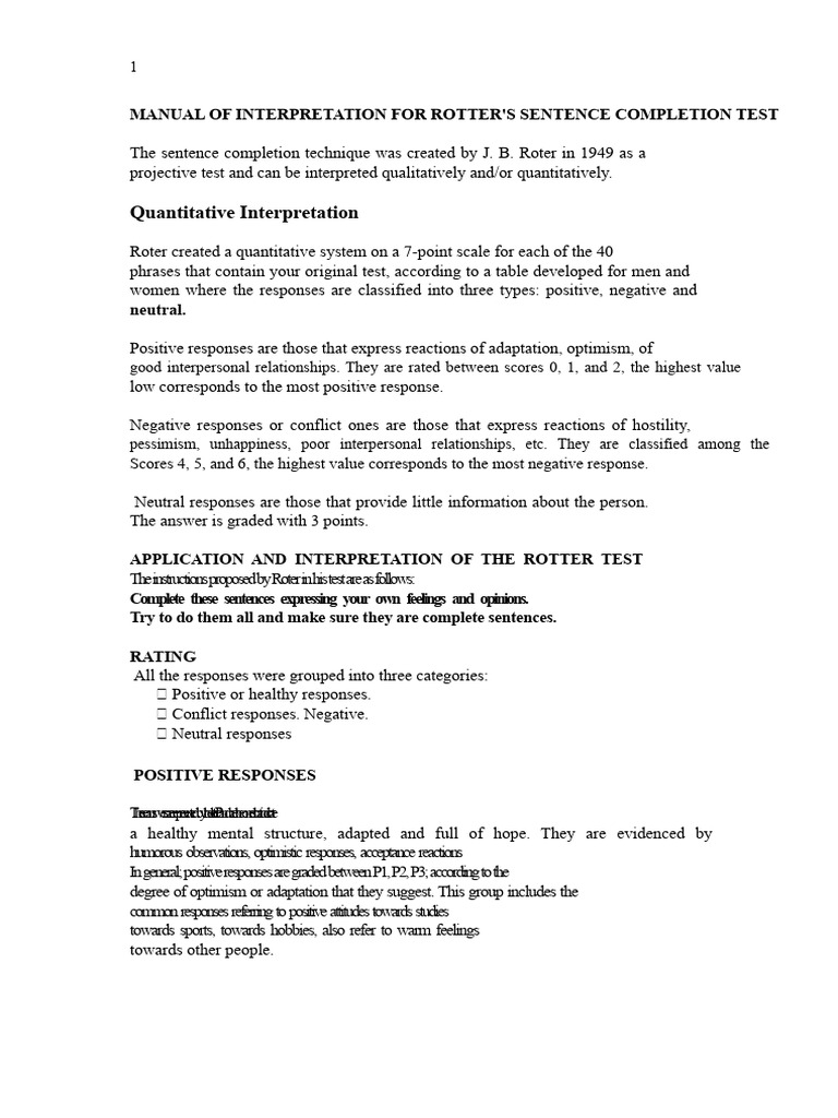 1 Manual For Interpreting The Rotter Test | PDF | Psychology | Optimism