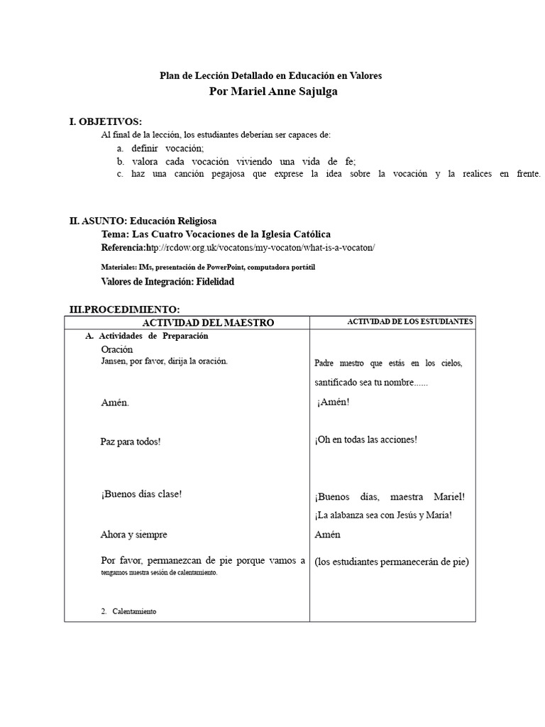 Plan de Lección Detallado en Educación en Valores | PDF | Sacerdote ...