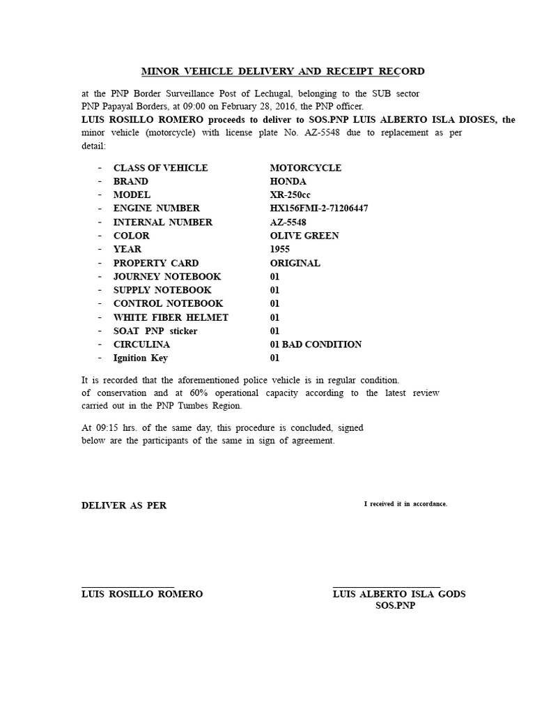 Delivery and Reception Record of Minor Vehicle | PDF