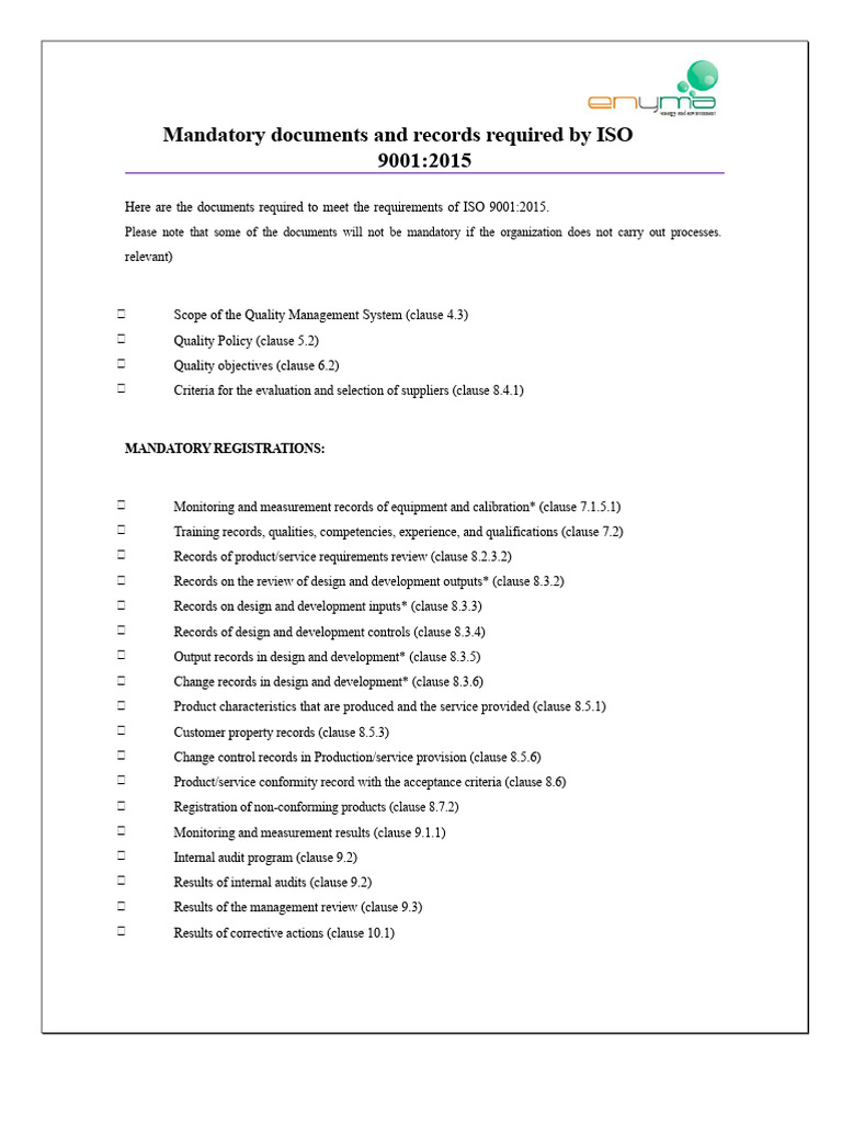 ISO 9001:2015 Mandatory Documents List | PDF | Quality Management ...