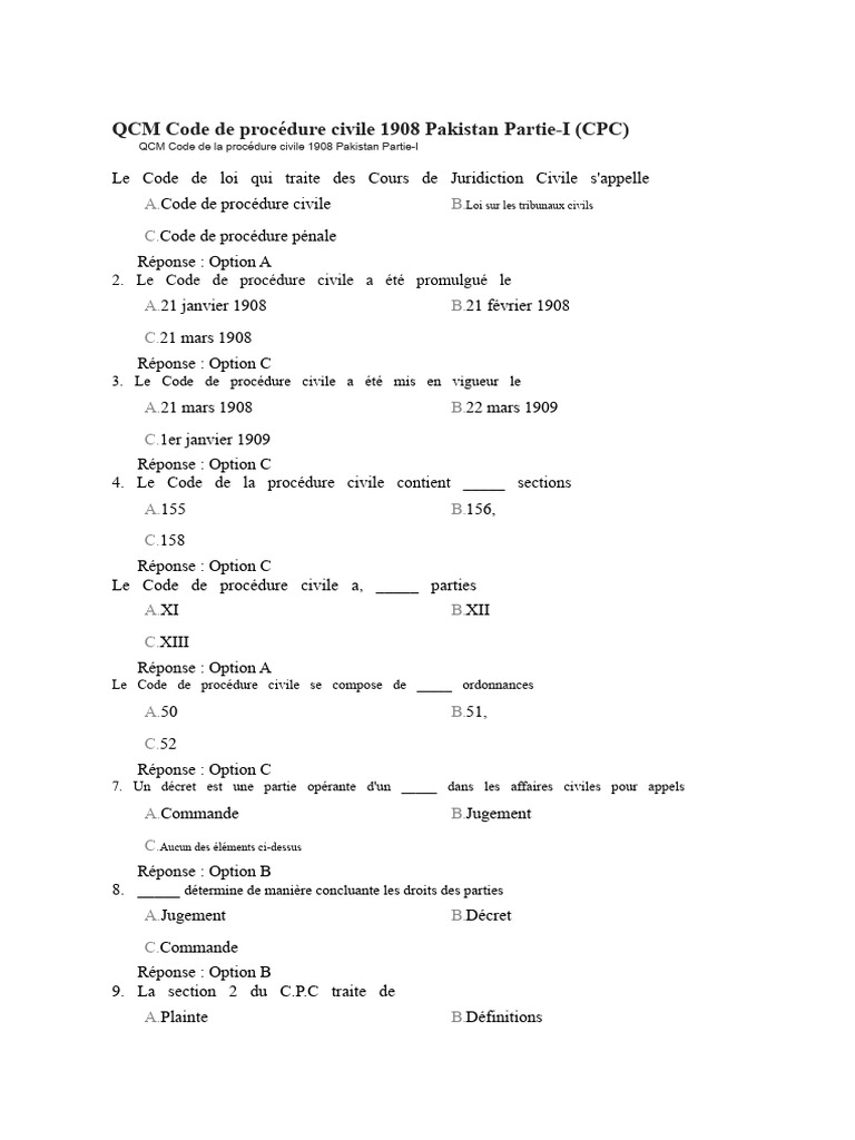 QCM Code de procédure civile 1908 Pakistan | PDF | Compétence | Cour ...