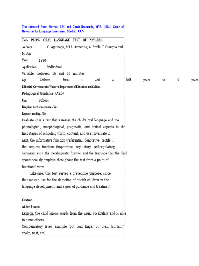 PLON (Navarra Oral Language Test) | PDF | Lexicon | Word