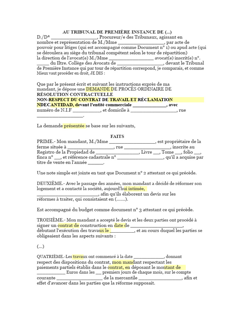 Demande de Résolution de Contrat de Travaux | PDF | Justice | Crime et ...