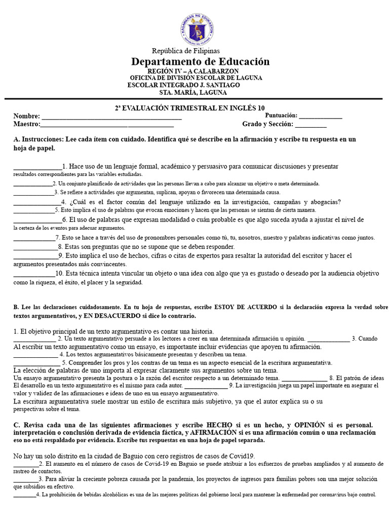 Evaluación de Inglés 10: Textos Argumentativos | PDF | Ensayos | Hablar ...