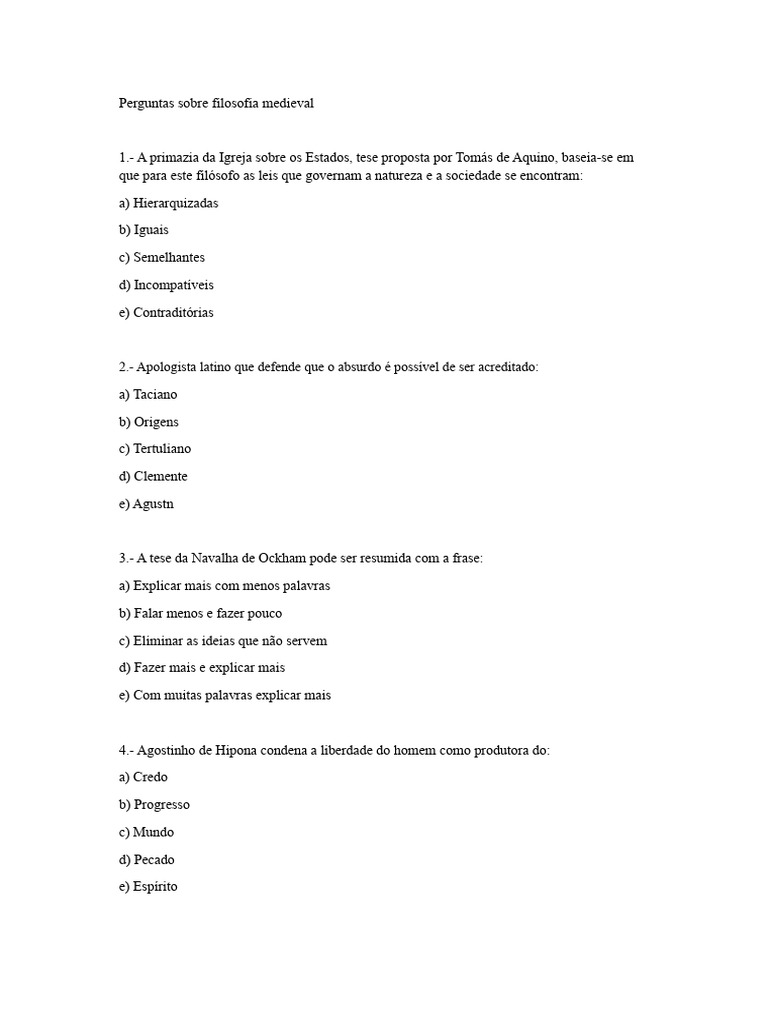 Questões sobre Filosofia Medieval | PDF