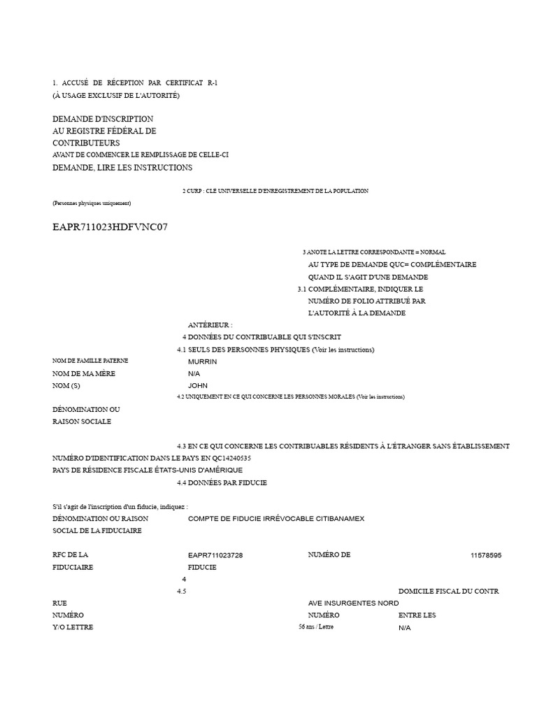 Format R-1 Demande D'inscription Au Registre Fédéral Des Contributeurs ...