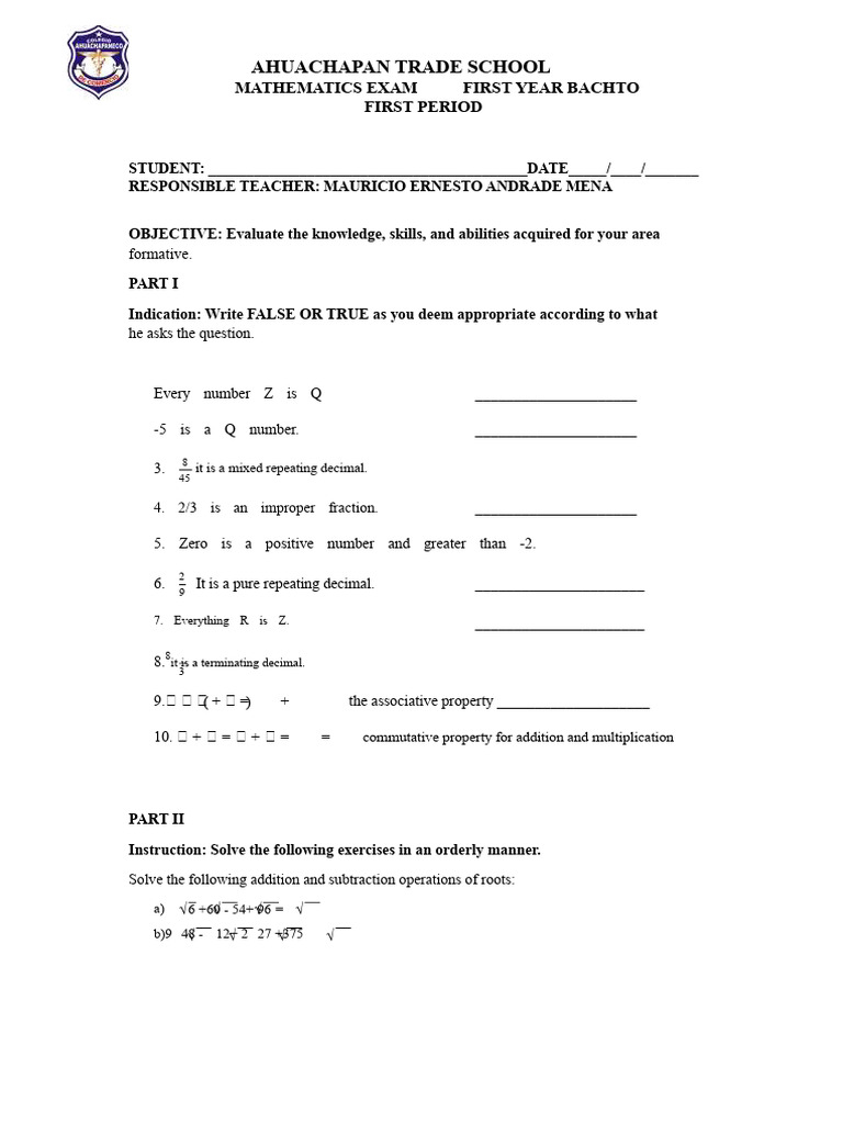 CHC Exam 1 of Mathematics 1ST Year General First Period | PDF | Square ...