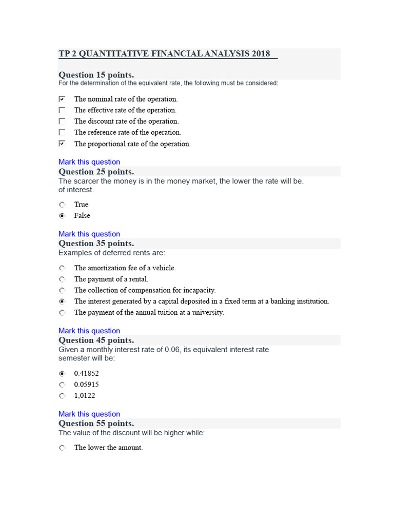 Quantitative Financial Analysis Quiz 2018 | PDF | Interest | Interest Rates