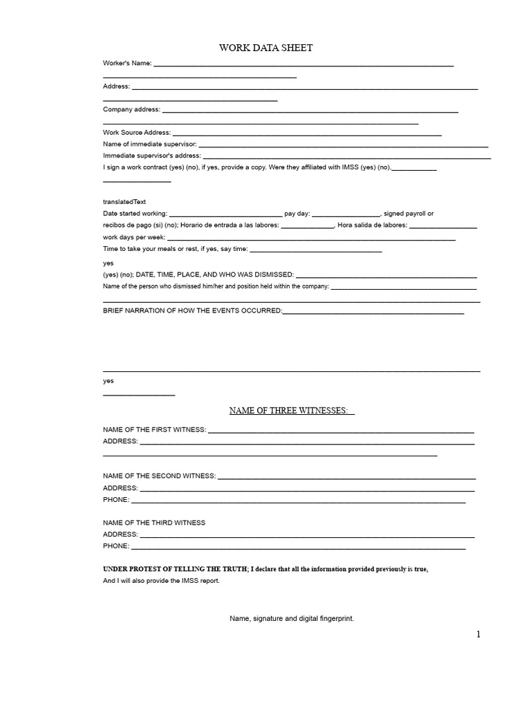 Work Data Sheet Pdf Labor Business