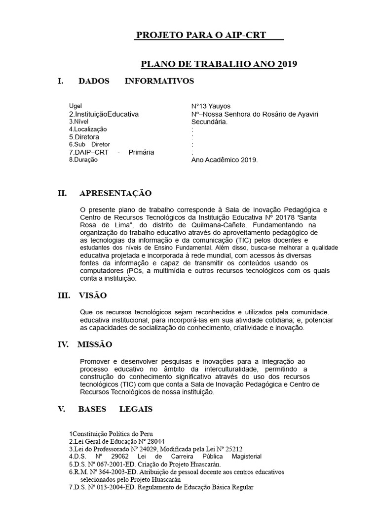 Plano de Trabalho AIP-CRT 2019 | PDF | Tecnologia da Informação e ...