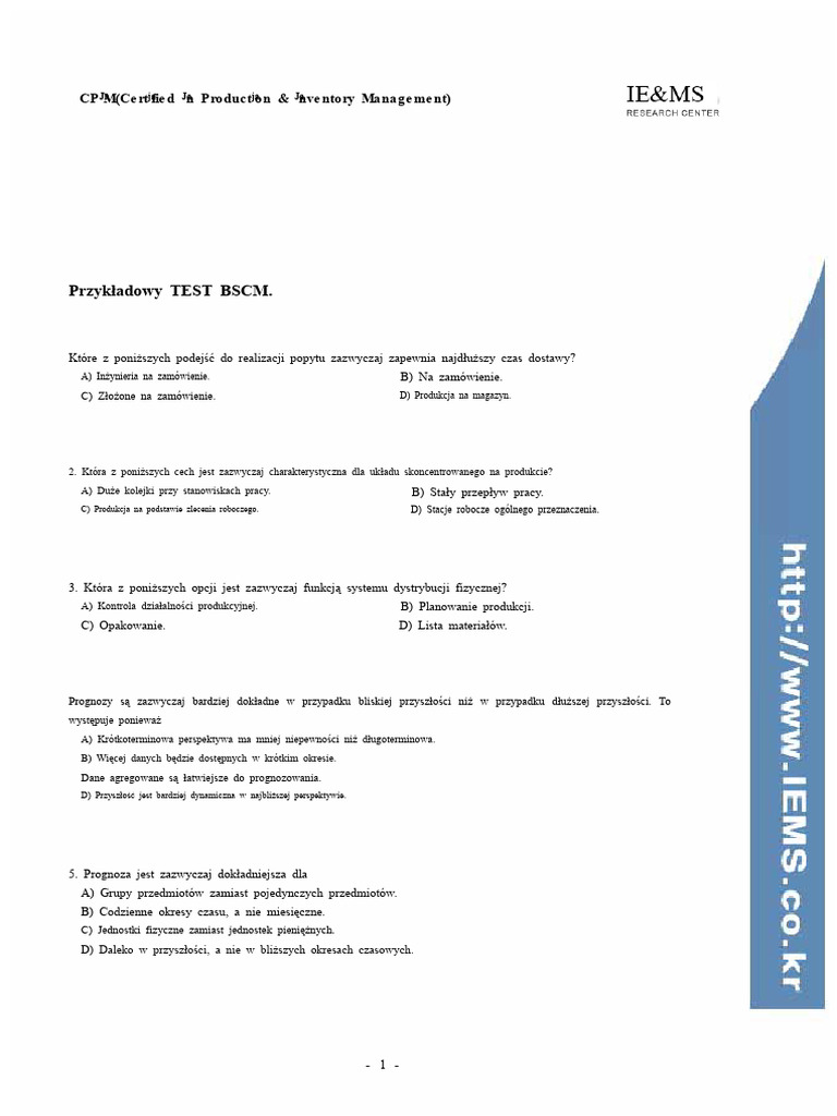 Przykładowy Test APICS BSCM | PDF