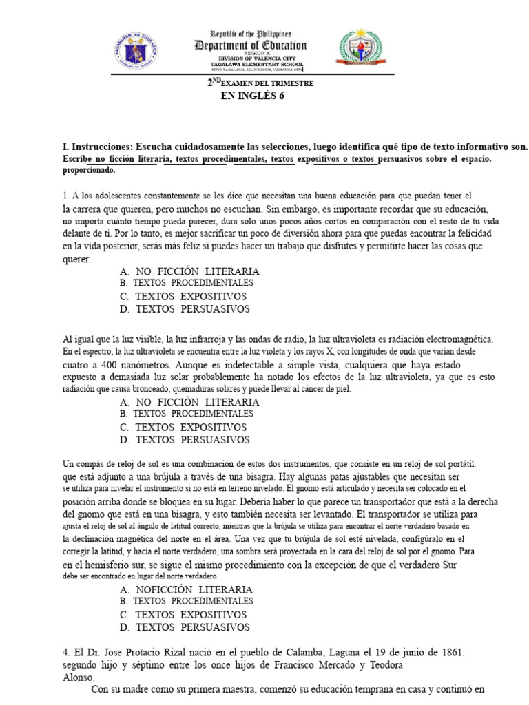 Examen Trimestral de Inglés 6 | PDF | Espectro electromagnético