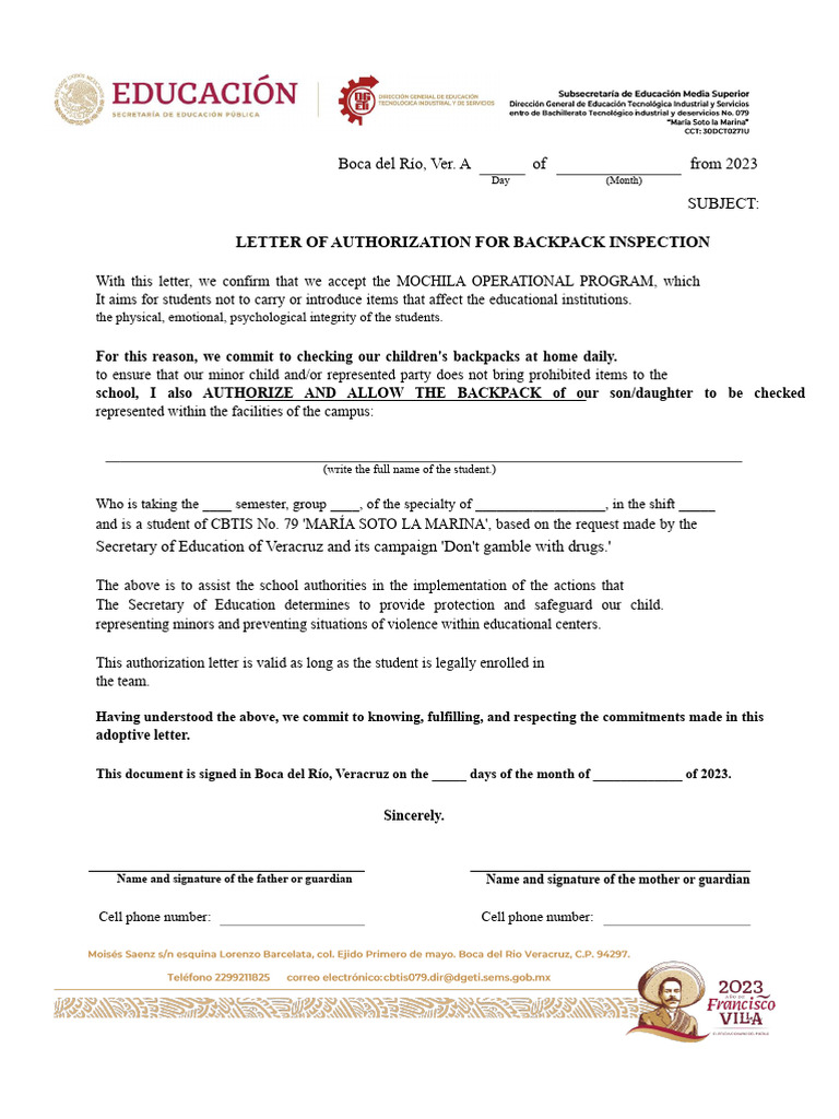 Authorization Letter For Backpack Inspection | PDF