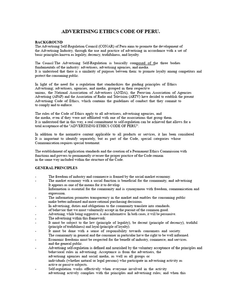 Peru's Advertising Ethics Code Overview | PDF | Advertising | Tobacco ...