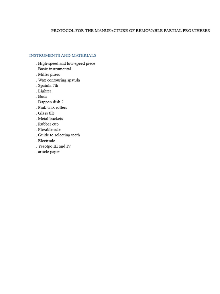 Removable Prosthesis Protocol | PDF