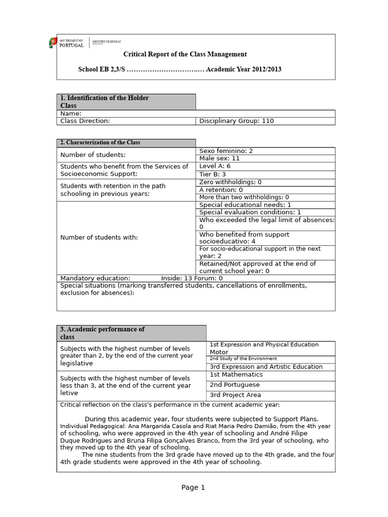 Class Management Report 2012/2013 | PDF | Multiplication | Teachers
