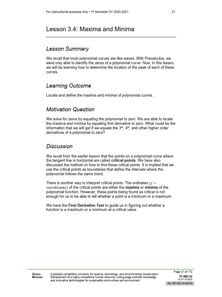 Lesson 3.3 Maxima and Minima | PDF | Applied Mathematics | Mathematical ...