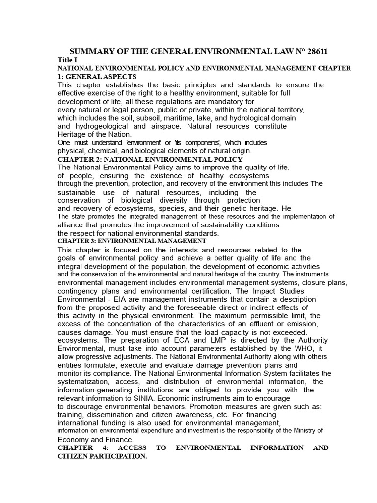 Summary of The General Law of The Environment No. 28611 | PDF ...