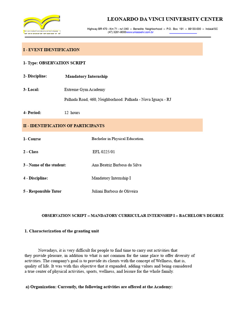 Observation Script for Physical Education Internship | PDF | Strength ...