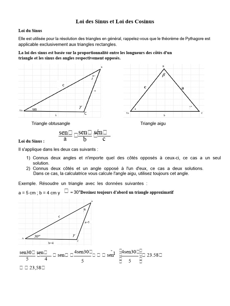 Loi des Sinus et Cosinus expliquées | PDF | Fonction trigonométrique ...